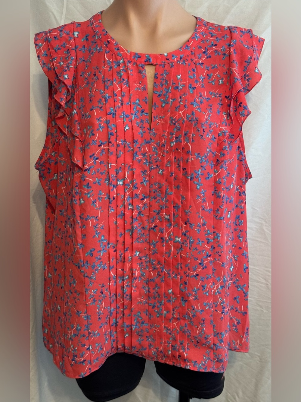 Red and Blue Floral Ruffle Sleeveless Tunic Blouse